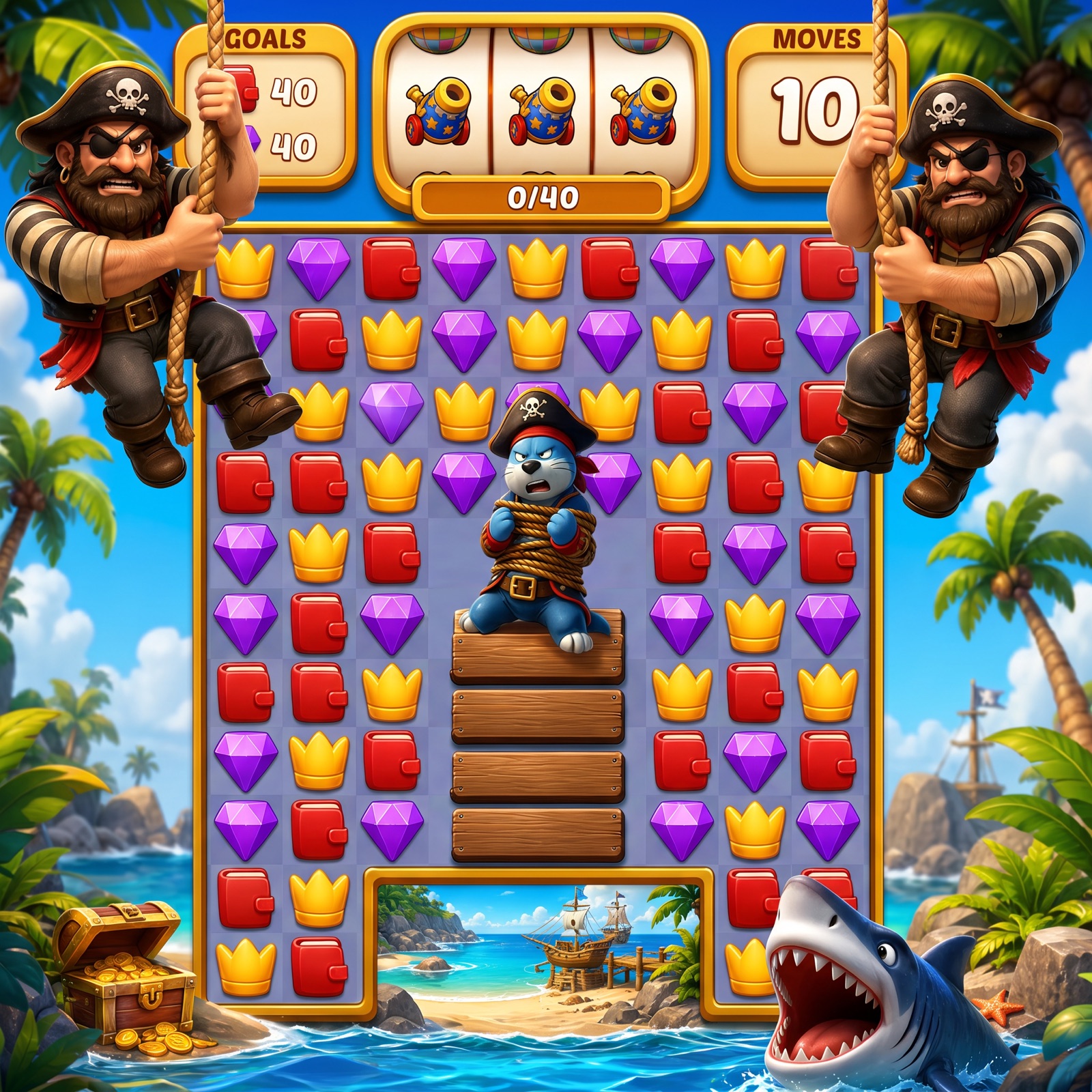 SlotoMatch Pirate Cove board with pirates, a shark and treasure